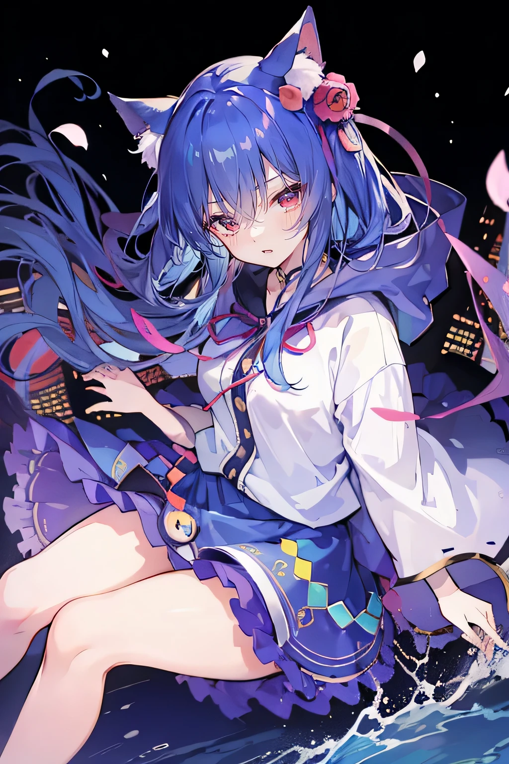 （masterpiece：1.2），Super detailed，lifelike，Expressive eyes，fair skin，perfect face shape，1 girl，
Japanese comics,Gorgeous blue hair,flowing blue hair,flowing clothes,Cat ears,Petals fall,beautiful lola,Baby Angel,
Shaking head with one hand，Cross your legs，smile, wearing hoodie,snowing，City streets。