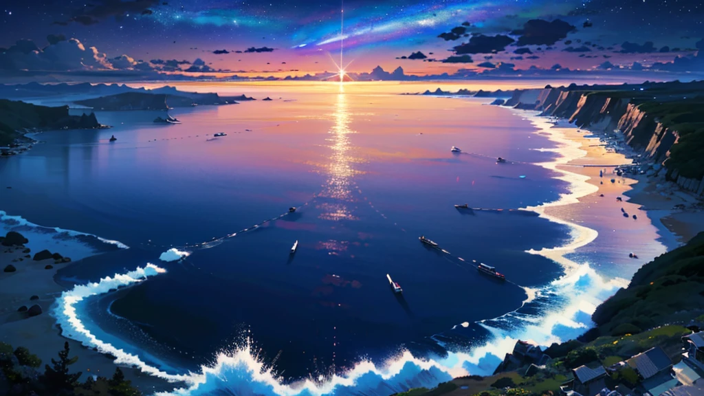 (masterpiece:1.4), (Highest quality:1.4), Very detailed, Complex, Super detailed, night、Starry Sky、Ocean、nightの砂浜、4K、8k