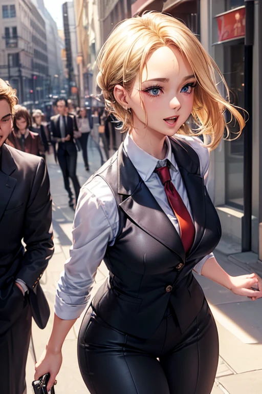 #Basics A girl is posing for a photo, animeのかわいい女の子, (((One Girl)), ((Baby Face)), ((Young girl)), ((16 years old))), 
BREAK 

#Clothing Accessories 
((Black business suit : White dress shirt + Red tie + black suit vest + Black suit jacket + Black suit slacks), Black high heels), 
Gold hoop earrings, Silver Necklace, 
BREAK 

#Features 
((Blonde:1.4)), ((Bangs that expose the forehead:1.2) + (I can see a beautiful forehead:1.1)), (Pixie Cut Hair : Very short hair + Hair curled outside), 
(Very thin eyebrows:0.6 
(Droopy eyes, blue eyes), (Small breasts), 
BREAK 

#background environment 
(noon、(Sunlit office district, Sidewalk, congestion, Building district)), 
#Facial Expression Pose 
((smile + Teeth are visible + Laughing with open mouth), (A powerful and earthquake-filled walking pose)), 
#composition 
((Face the camera, Angle from the front, Cowboy Shot:1.4)),  
BREAK 

#Body parts elements 
(Detailed hair, Beautiful Hair, Shiny Hair), 
(double eyelid, Long eyelashes), 
(Expression of fine eyes, Beautiful and delicate eyes, Sparkling eyes, Eye Reflexes, Glitter Eyeliner), 
(Human Ear), 
(Beautiful Nose, Thin Nose), 
(Glossy lips, Beautiful Lips, Thick lips, Glossy Lips, Natural Cheeks), 
(Detailed face, Symmetrical facial features), 
(Detailed skin, Textured skin, Beautiful Skin, Shiny skin), 
BREAK 

#Quality 
(((Highest quality)), ((masterpiece)), ((Very detailed))), ((High resolution), (16K,1080P)), 
(Realistic), (Anatomically correct), 
((comics, anime)), (3DCG), CG illustration,

