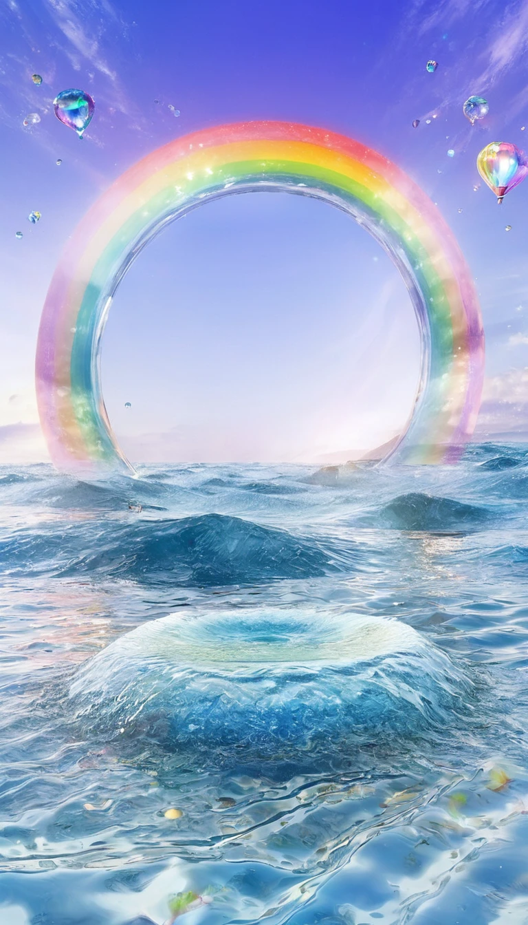 The rainbow-colored sea、Feel the summer、Highest quality, Super Fine, 16K, Incredibly absurd, Very detailed, delicate and dynamic, Multiple Translucency, Rainbow Magic Circle, ,, Prism special effects, mirror, illumination, Swirling dark aura, And beyond the universe,masterpiece.16K, Ultra-high resolution, Ultra-high resolution, to be born,wonderful ,future、Iridescent、The world 30 years from now。