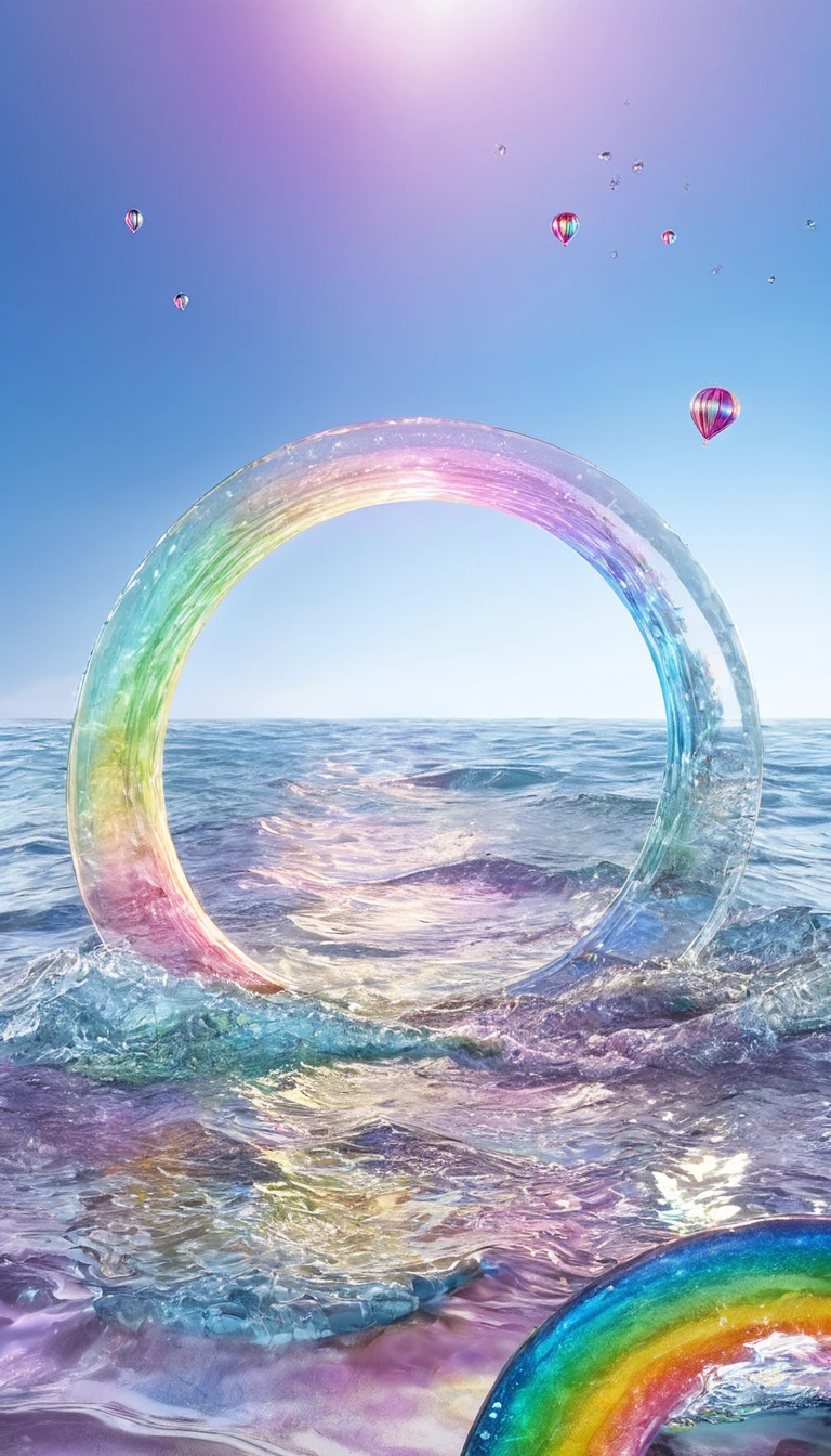 The rainbow-colored sea、Feel the summer、Highest quality, Super Fine, 16K, Incredibly absurd, Very detailed, delicate and dynamic, Multiple Translucency, Rainbow Magic Circle, ,, Prism special effects, mirror, illumination, Swirling dark aura, And beyond the universe,masterpiece．16K, Ultra-high resolution, Ultra-high resolution, to be born,wonderful ,future、Iridescent、The world 30 years from now。