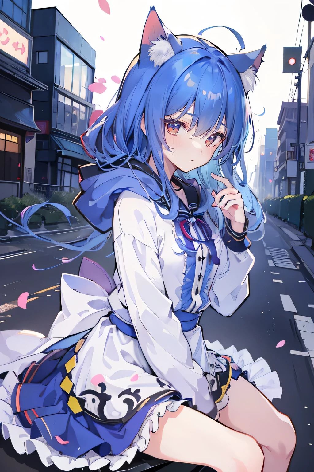 （masterpiece：1.2），Super detailed，lifelike，Expressive eyes，fair skin，perfect face shape，1 girl，
Japanese comics,Gorgeous blue hair,flowing blue hair,flowing clothes,Cat ears,Petals fall,beautiful lola,Baby Angel,
Shaking head with one hand，Cross your legs，smile, wearing hoodie,snowing，City streets。