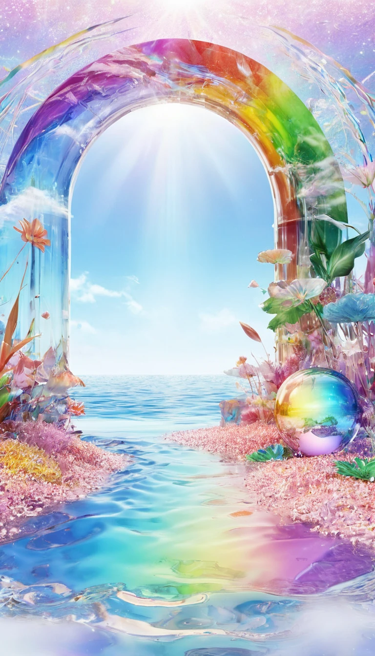 The rainbow-colored sea、Feel the summer、Highest quality, Super Fine, 16K, Incredibly absurd, Very detailed, delicate and dynamic, Multiple Translucency, Rainbow Magic Circle, ,, Prism special effects, mirror, illumination, Swirling dark aura, And beyond the universe,masterpiece．16K, Ultra-high resolution, Ultra-high resolution, to be born,wonderful ,future、Iridescent、The world 30 years from now。