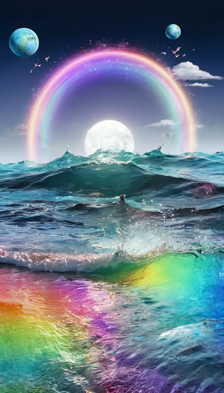 The rainbow-colored sea、Feel the summer、Highest quality, Super Fine, 16K, Incredibly absurd, Very detailed, delicate and dynamic, Multiple Translucency, Rainbow Magic Circle, ,, Prism special effects, mirror, illumination, Swirling dark aura, And beyond the universe,masterpiece.16K, Ultra-high resolution, Ultra-high resolution, to be born,wonderful ,future、Iridescent、The world 30 years from now。