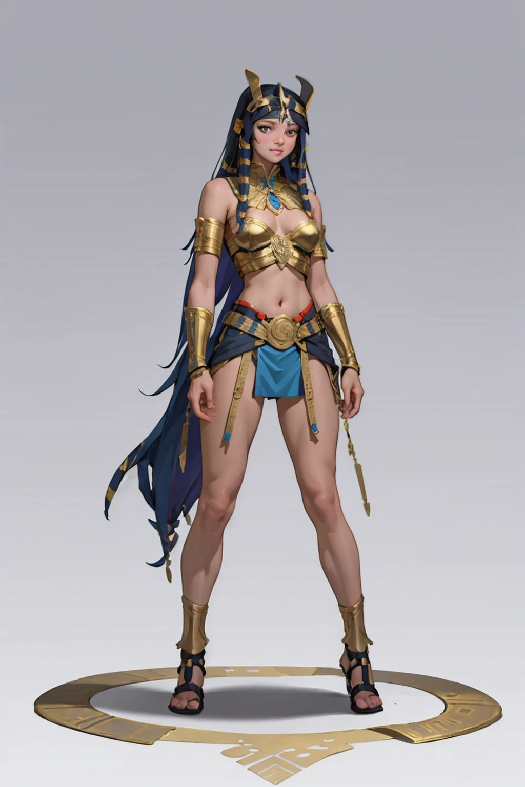 ((Full body photo, standing, on the ground)) 1girll、Cleopatra、Ancient Egyptian costumes、solo，full bodyesbian，standing on your feet，European and American cartoon design，white backgrounid，Magical fantasy design，character concept design，tmasterpiece，best qualtiy，Best resolution，high definition detail