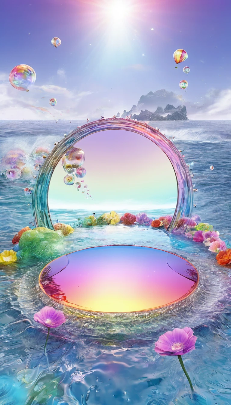 The rainbow-colored sea、Feel the summer、Highest quality, Super Fine, 16K, Incredibly absurd, Very detailed, delicate and dynamic, Multiple Translucency, Rainbow Magic Circle, ,, Prism special effects, mirror, illumination, Swirling dark aura, And beyond the universe,masterpiece．16K, Ultra-high resolution, Ultra-high resolution, to be born,wonderful ,future、Iridescent、The world 30 years from now。