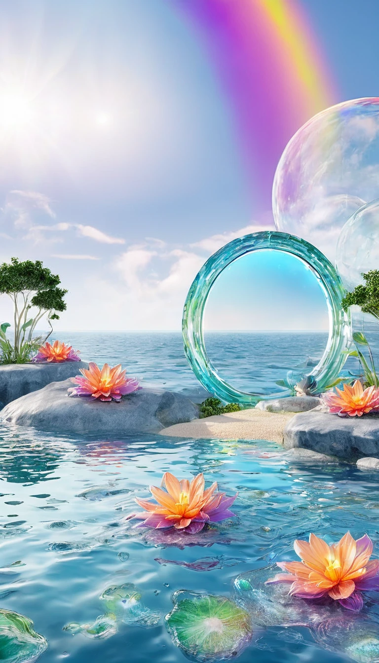 The rainbow-colored sea、Feel the summer、Highest quality, Super Fine, 16K, Incredibly absurd, Very detailed, delicate and dynamic, Multiple Translucency, Rainbow Magic Circle, ,, Prism special effects, mirror, illumination, Swirling dark aura, And beyond the universe,masterpiece．16K, Ultra-high resolution, Ultra-high resolution, to be born,wonderful ,future、Iridescent、The world 30 years from now。