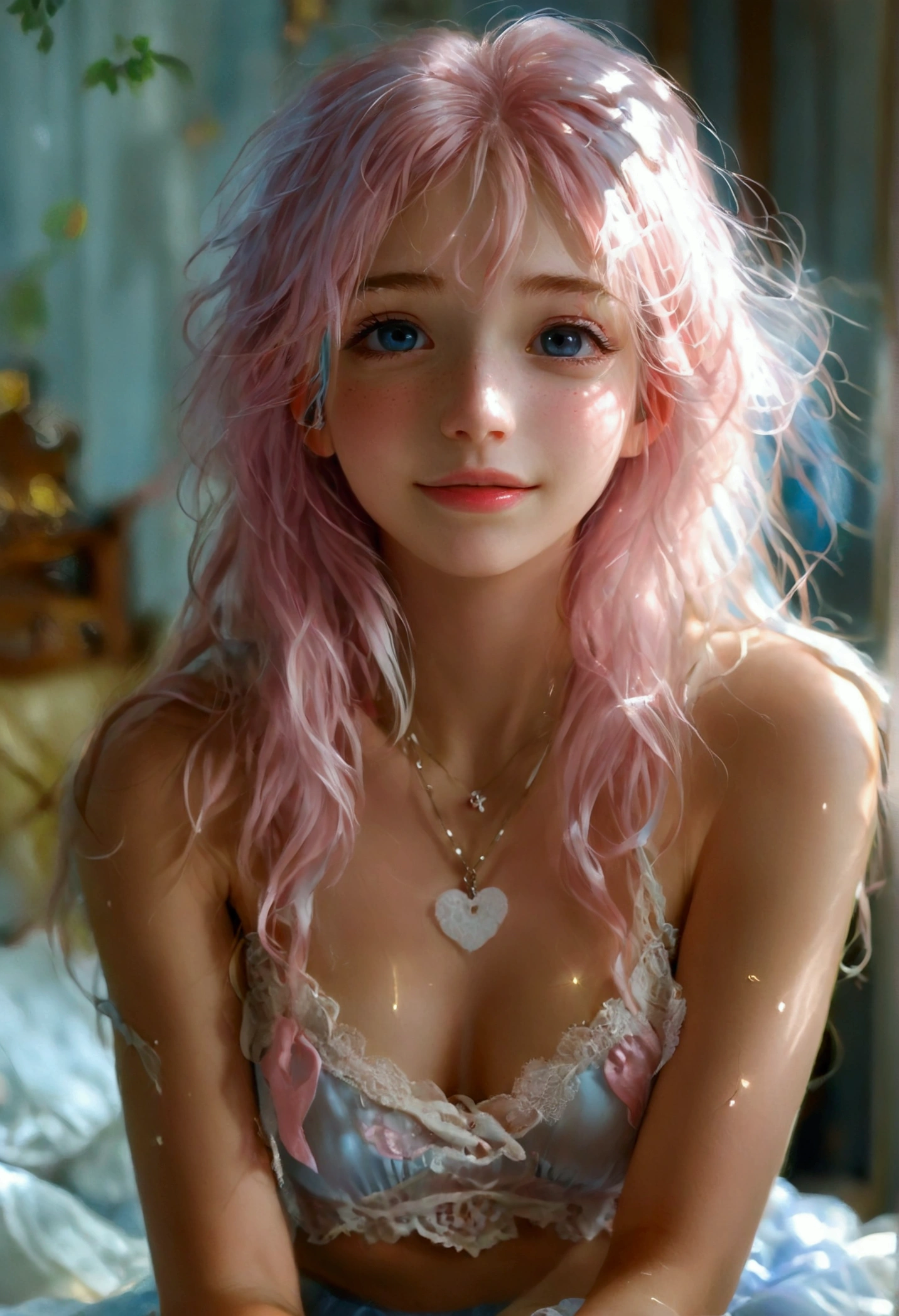 a girl, white skin, young, long pink hair, messy hair, thin arms, small mouth, small nose, small breasts, pink skirt, transparent lace crop top, heart-shaped necklace, small blue eyes, blush, smile embarrassed, realistic view, shy, sitting in a room on the bed, good lighting, European origin, lots of details on face and clothes