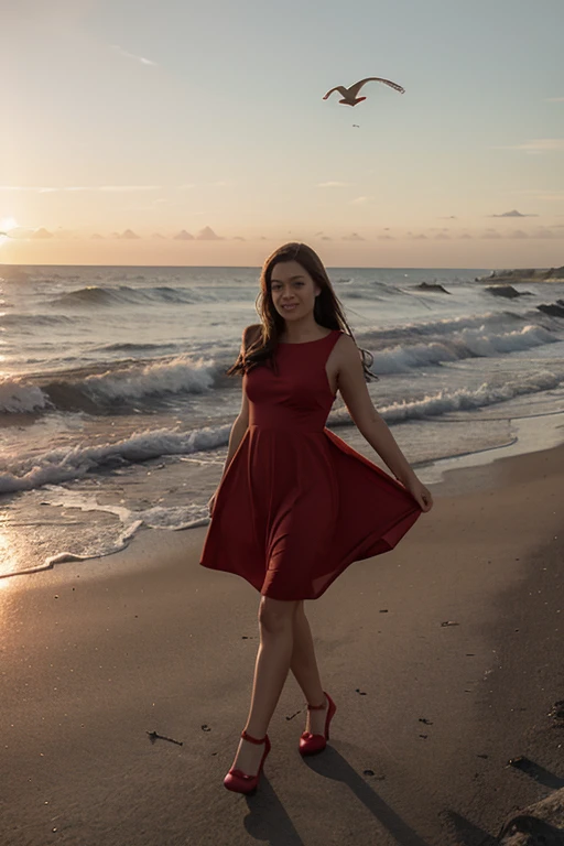 Young woman, Red dress, shoes, sea shore, sunset, Flying seagulls