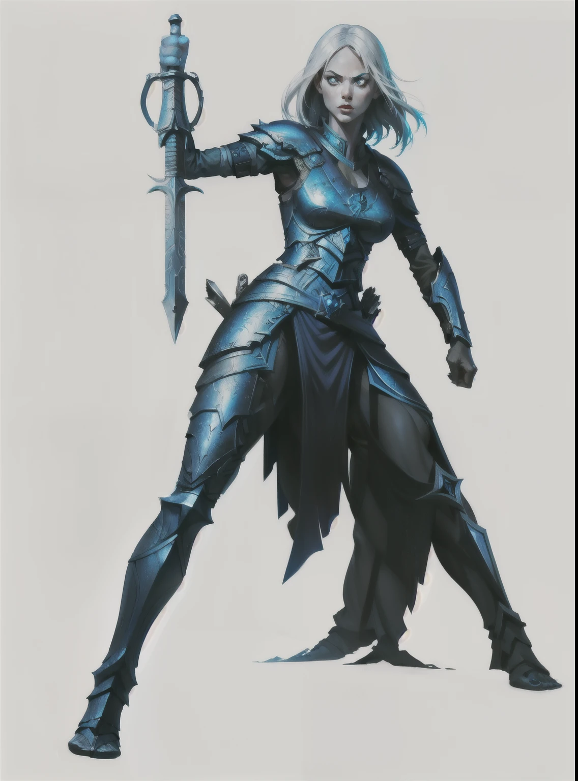I want a character with a white background, png, Full-body image, a black woman, with ancient medieval battle armor and blue colored rustiga, warrioress, with claymore sword in hand, and an honorable posture
