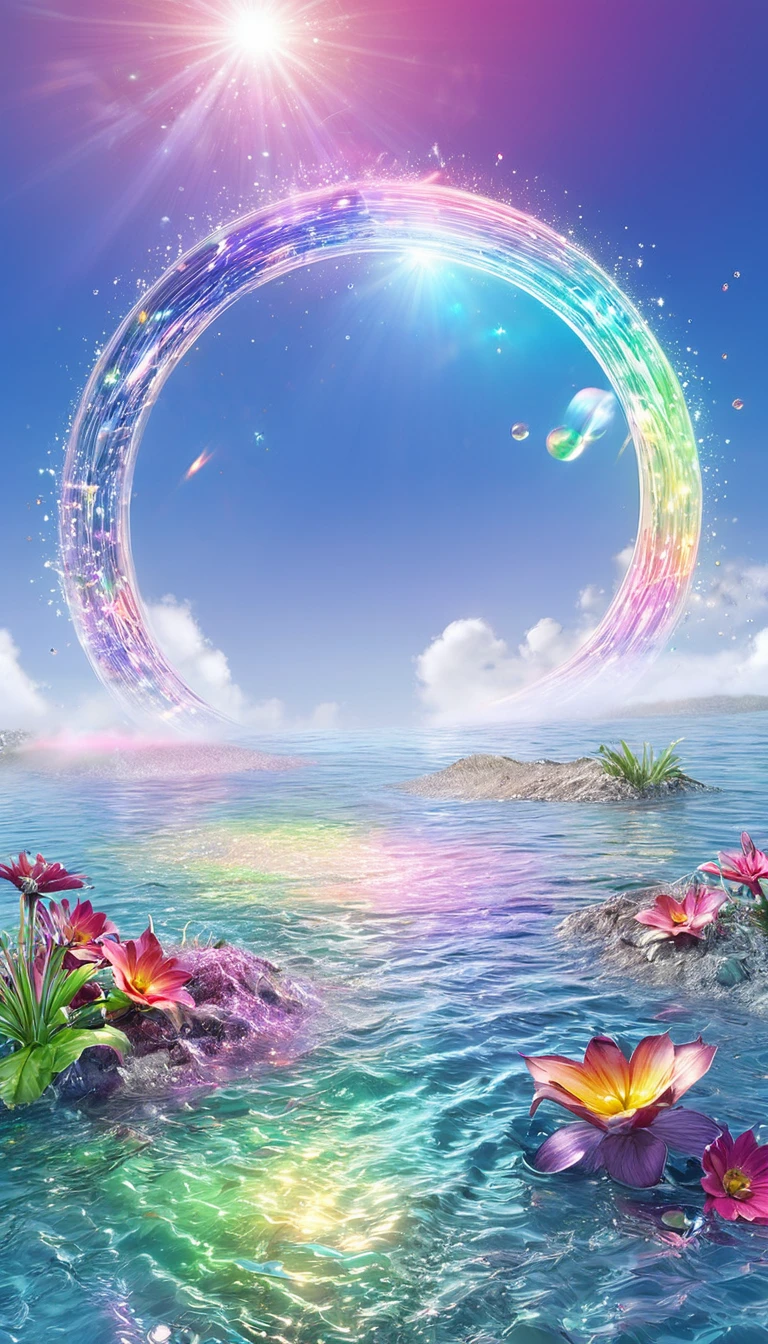 The rainbow-colored sea、Feel the summer、Highest quality, Super Fine, 16K, Incredibly absurd, Very detailed, delicate and dynamic, Multiple Translucency, Rainbow Magic Circle, ,, Prism special effects, mirror, illumination, Swirling dark aura, And beyond the universe,masterpiece．16K, Ultra-high resolution, Ultra-high resolution, to be born,wonderful ,future、Iridescent、The world 30 years from now。