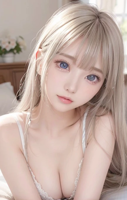 silver shiny hair, super long straight silky hair, dazzling blonde super long silky hair, cute little beautiful face of s old, beautiful girl, sparkling blonde dancing in front of her cute face, long silky bangs covering the space between her eyes, very beautiful, bright, large, bright blue eyes, very big eyes, hair hiding her face, sexy cute young woman with super long bangs, very white skin, cheek gloss highlighter, small beautiful face, round face, ample bust, nipples, embarrassed face, Light pink small nipples、A divine feeling、A face that feels great in the missionary position、A face lying in bed and feeling sexually aroused、Lie on your back on the bed、Lie in bed, lie on your back、Lie in bed, lie on your back、Top view of someone lying in bed、Top view of someone lying in bed