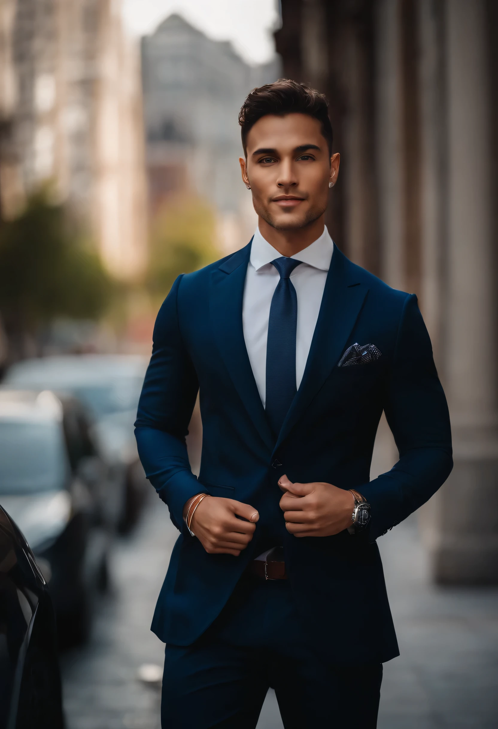 Young mixed-race man,beautiful detailed blue eyes,dark hair,dark suit,confident expression,Sharp chin,vibrant skin,smiling,beautiful face,standing pose,city scenery,Professional studio lighting,realisitic,for Ferrari, photorealisitic:1.37,portraits,bright coloured,tom legal,soft lighting