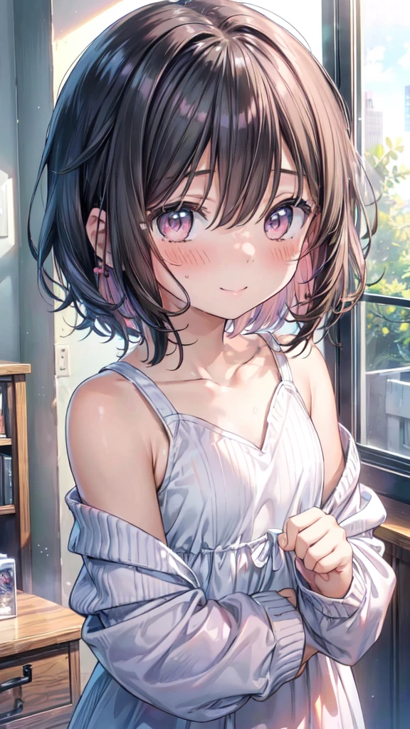 (Ultra-high resolution of the highest quality, masutepiece, Best Quality, 8K, Super Detail, Best Quality:1.3), (Anatomically correct:1.3), (face shot:1.6), (1 Little Girl), (Child), (), (infant), (Small body), (flat chest), (elementary school student), (blush face:1.6), short black wavy hair, bangs hair over eyes, (drooping eyes), (loose sweater:1.2), girl's own room, (funny smile), (beautiful hair, beautiful eyes, beautiful face), (face focus, human ear focus, clavicle focus), from side