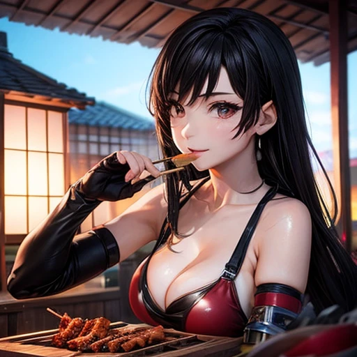 A woman in a bikini making yakitori