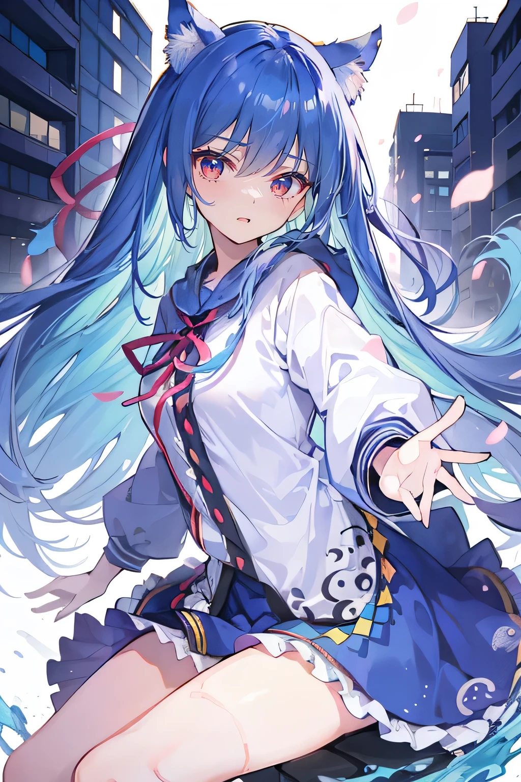 （masterpiece：1.2），Super detailed，lifelike，Expressive eyes，fair skin，perfect face shape，1 girl，
Japanese comics,Gorgeous blue hair,flowing blue hair,flowing clothes,Cat ears,Petals fall,beautiful lola,Baby Angel,
Shaking head with one hand，Cross your legs，smile, wearing hoodie,snowing，City streets。