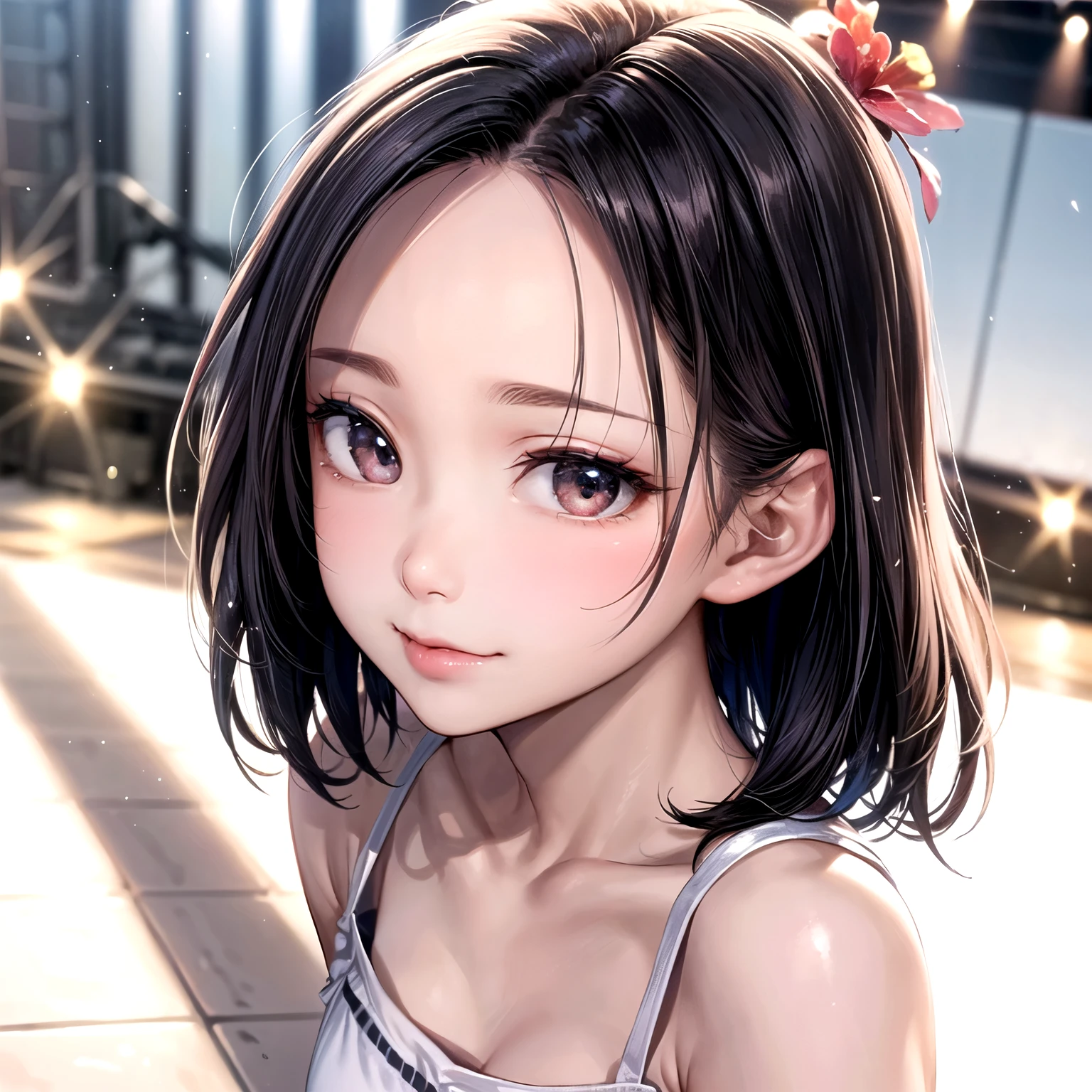 ((Best of the highest quality, 8k, Masterpiece, raw photo: 1.1)), (Sharp focus: 1.1), (1 AESPA, slim body type female, 22 y/o: 1.1), solo, Portrait Waist Up, (realistic, photo-realistic:1.37), face focus, finely small eyes, (forehead, short bob hair: 1.32), (sharp chin, droopy eyes: 1.36), (Emphasize prominent aegyo-sal with bright: 1.28), shimmering eyeshadow applied under the lower lash line, paired with thick, (small breasts, flat chest: 1.22), T-shirt, walking on stage, flower,