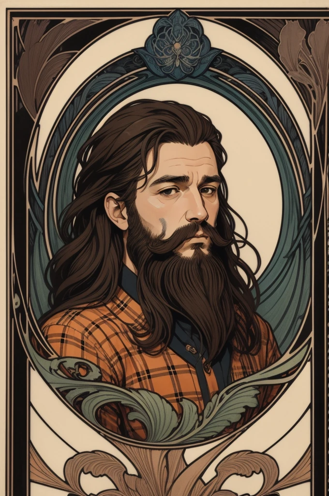 1man, Art Nouveau style, thick ink lines, Portrait, Masterpiece, man, Wear an orange flannel shirt., The beard is very short., Very short dark brown hair, The background is a sign announcing the arrest.