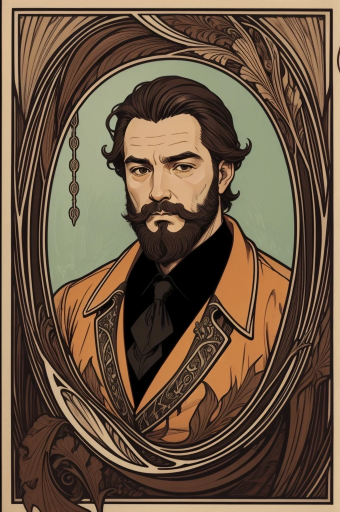 1man, Art Nouveau style, thick ink lines, Portrait, Masterpiece, man, Wear an orange flannel shirt., The beard is very short., Very short dark brown hair, The background is a sign announcing the arrest.