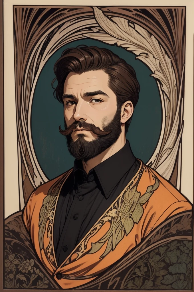1man, Art Nouveau style, thick ink lines, Portrait, Masterpiece, man, Wear an orange flannel shirt., The beard is very short., Very short dark brown hair, The background is a sign announcing the arrest.