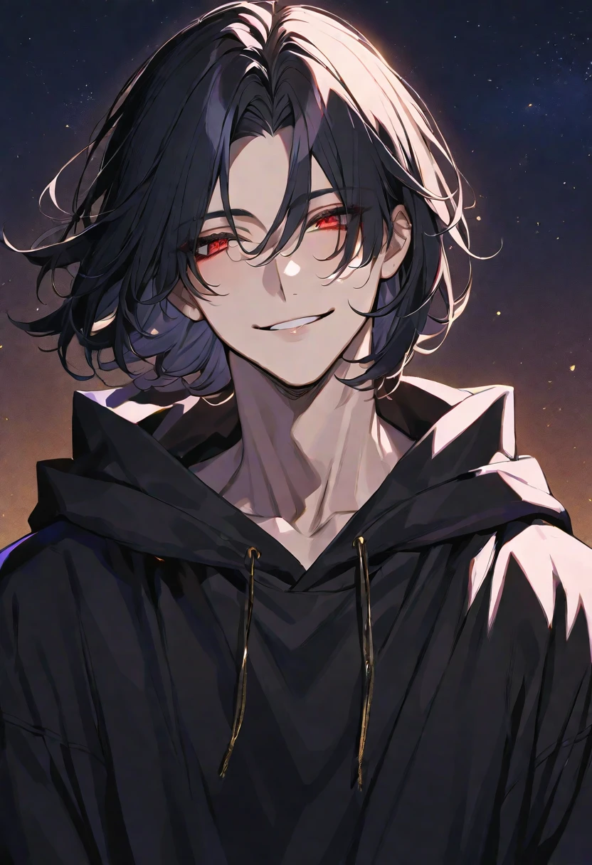 Solo,handsome,
1. male,
,Straight Hair,Bob Hair, Bob hair,
black hair,
Gojo Satoru ,
red Eyes,Soft look,
beautiful,sexly,Darkness,gold necklace,
oversize black hoodie ,smile,
simple background ,
star sky background,
