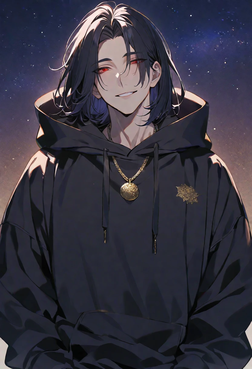 Solo,handsome,
1. male,
,Straight Hair,Bob Hair, Bob hair,
black hair,
Gojo Satoru ,
red Eyes,Soft look,
beautiful,sexly,Darkness,gold necklace,
oversize black hoodie ,smile,
simple background ,
star sky background,