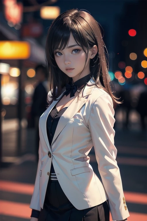 最high quality, masterpiece, 1 girl, Beautiful Face, (Photorealistic photography:1.3), Rim Light, (Skin with attention to detail:1.2), 8k ウルトラHD, Digital SLR, high quality, High resolution, 4K, 8k, Bokeh, (Genuine: 1.3), Small face, pretty girl, Black Formal Blazer, Middle chest, Short skirt,office