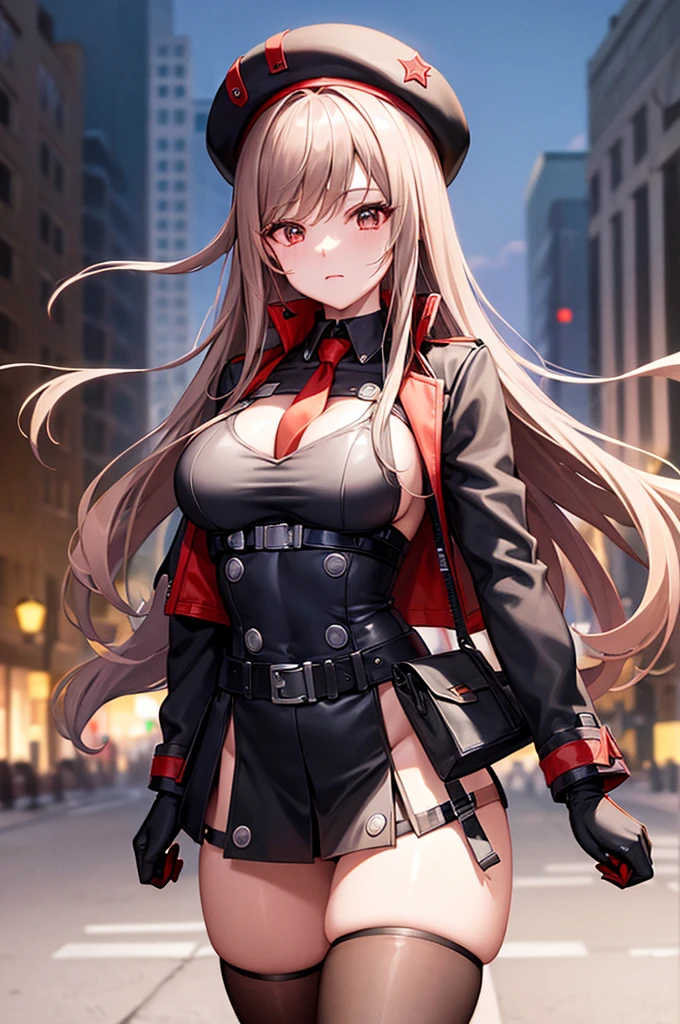 1girl, rapi nikke, belt pouch, hat, red eyes, brown hair, black headwear, simple background, red necktie, beret, closed mouth, cropped jacket, looking at viewer, choker, gloves, necktie, black thighhighs, red gloves, thighs, jacket, standing, brown thighhighs, open jacket, black jacket, pouch, ammunition belt, thighhighs, open clothes, black leotard, solo, long hair, 1girl, white background, belt, signature, cowboy shot, black choker, red eyes, large breasts, long sleeves, leotard, short smile, (makeup), long eyelashes, (standing straight-on:1.2), cowboy shot, realistic skin texture, outdoors, city, futuristic, beautiful and detailed artwork, <lora:add_detail:0.5> <lora:more_details:0.5> <lora:rapi by goofy ai:1>