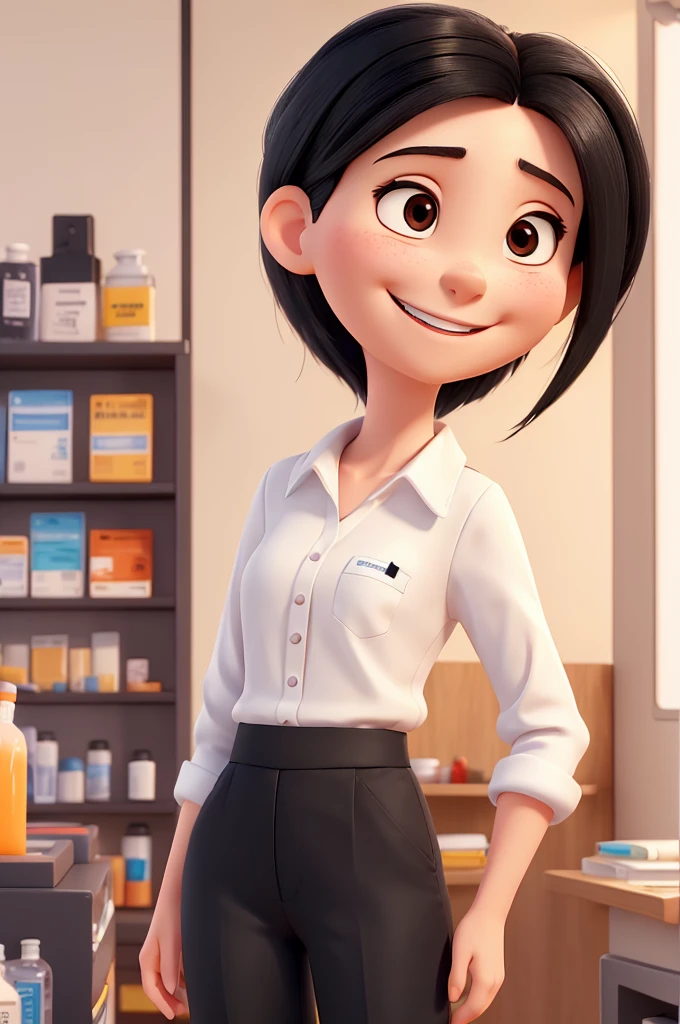 A woman with white skin, elongated face, smiling, straight medium black hair loose, very small black eyes slightly slanted, thin, smiling,
white pharmacy uniform style shirt with a small logo
youthful appearance, orange pants,
8k, pixar style