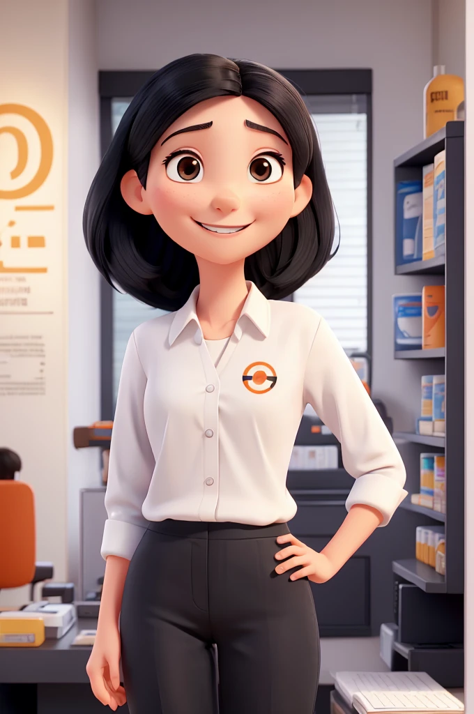 A woman with white skin, elongated face, smiling, straight medium black hair loose, very small black eyes slightly slanted, thin, smiling,
white pharmacy uniform style shirt with a small logo
youthful appearance, orange pants,
8k, pixar style