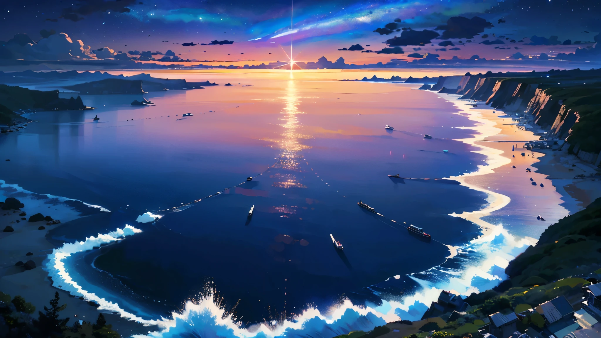(masterpiece:1.4), (Highest quality:1.4), Very detailed, Complex, Super detailed, night、Starry Sky、Ocean、nightの砂浜、4K、8k