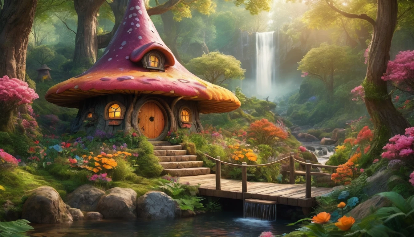 (Mysterious fantasy forest, Dense trees, A strange and cute little tree:1.5), A hobbit cabin in the middle of the forest, Vividly depicted in the work (Best quality, 8K, Advanced resolution, Masterpiece:1.2), With ultra-detailed detail (1.4x realism, Photorealistic:1.37). This dream forest is made up of bright colors, bathed in the warm glow of the sun, creating a cheerful and whimsical atmosphere. The cabin is designed with great attention to detail, with a complex design and unique architecture, similar to a mushroom-shaped house. A beautiful waterfall cascades nearby, adding a serene and enchanting element to the scene. (This fantastic forest is surrounded by lush greenery and colorful flowers), elevating a captivating and magical environment. The artwork showcases an illustrative style, inspired by children's book illustrations, ensuring a glamorous and nostalgic touch. The color palette consists of bright rainbow colors, seven colors, evoking feelings of joy and playfulness. Lighting accentuates the picturesque scene, with soft and warm shadows adding depth and warmth to the artwork. Every detail is impeccably presented, creating a visually stunning masterpiece, capturing the essence of the fantasy forest.