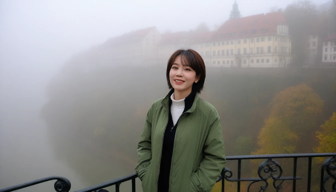 high quality, 1 woman, ((36 years old 건강한 한국 여성)), ((36 years old)), 1 woman, The eyes are big and beautiful. ((slim)), ((short medium hair)), laugh. pose: standing, windbreaker jacket, background:Your residence is a baroque townhouse with a plaster façade and wrought iron railings.... Overlooking the Heidelberg River, Germany, autumn, Morning fog,, looking slightly upward, 1 woman, Full body shot with Canon 16-34 wide angle lens, View: river view, look up to the side, There is a thick fog in the river.