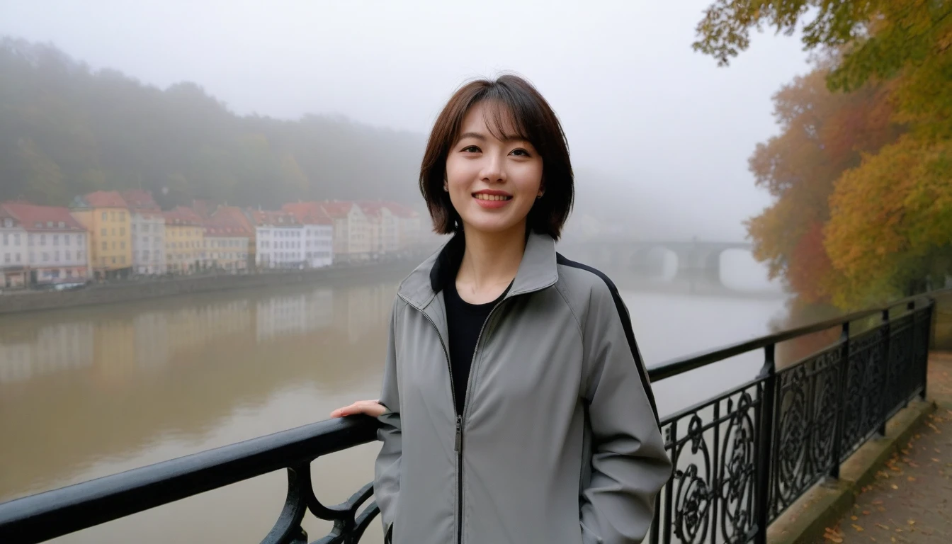 high quality, 1 woman, ((36 years old 건강한 한국 여성)), ((36 years old)), 1 woman, The eyes are big and beautiful. ((slim)), ((short medium hair)), laugh. pose: standing, windbreaker jacket, background:Your residence is a baroque townhouse with a plaster façade and wrought iron railings.... Overlooking the Heidelberg River, Germany, autumn, Morning fog,, looking slightly upward, 1 woman, Full body shot with Canon 16-34 wide angle lens, View: river view, look up to the side, There is a thick fog in the river.