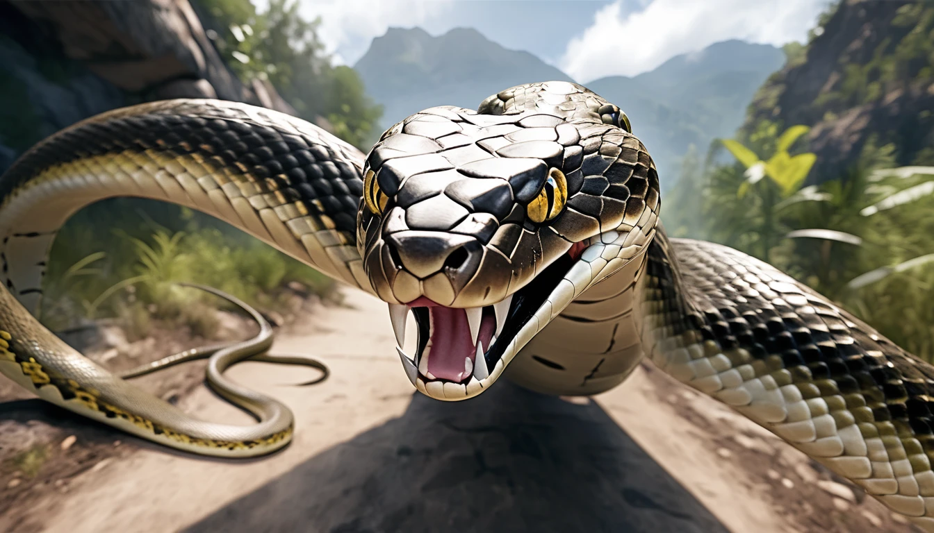 Realistic photos, RAW Photos, snake, attacks viewer, Powerful movements, jump on prey, ((Dynamic jump)), Sharp Claws, snake approaching from above, sudden approach, Bad-tempered, dynamic Shot from grand