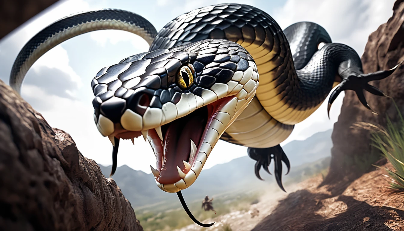 Realistic photos, RAW Photos, snake, attacks viewer, Powerful movements, jump on prey, ((Dynamic jump)), Sharp Claws, snake approaching from above, sudden approach, Bad-tempered, dynamic Shot from grand