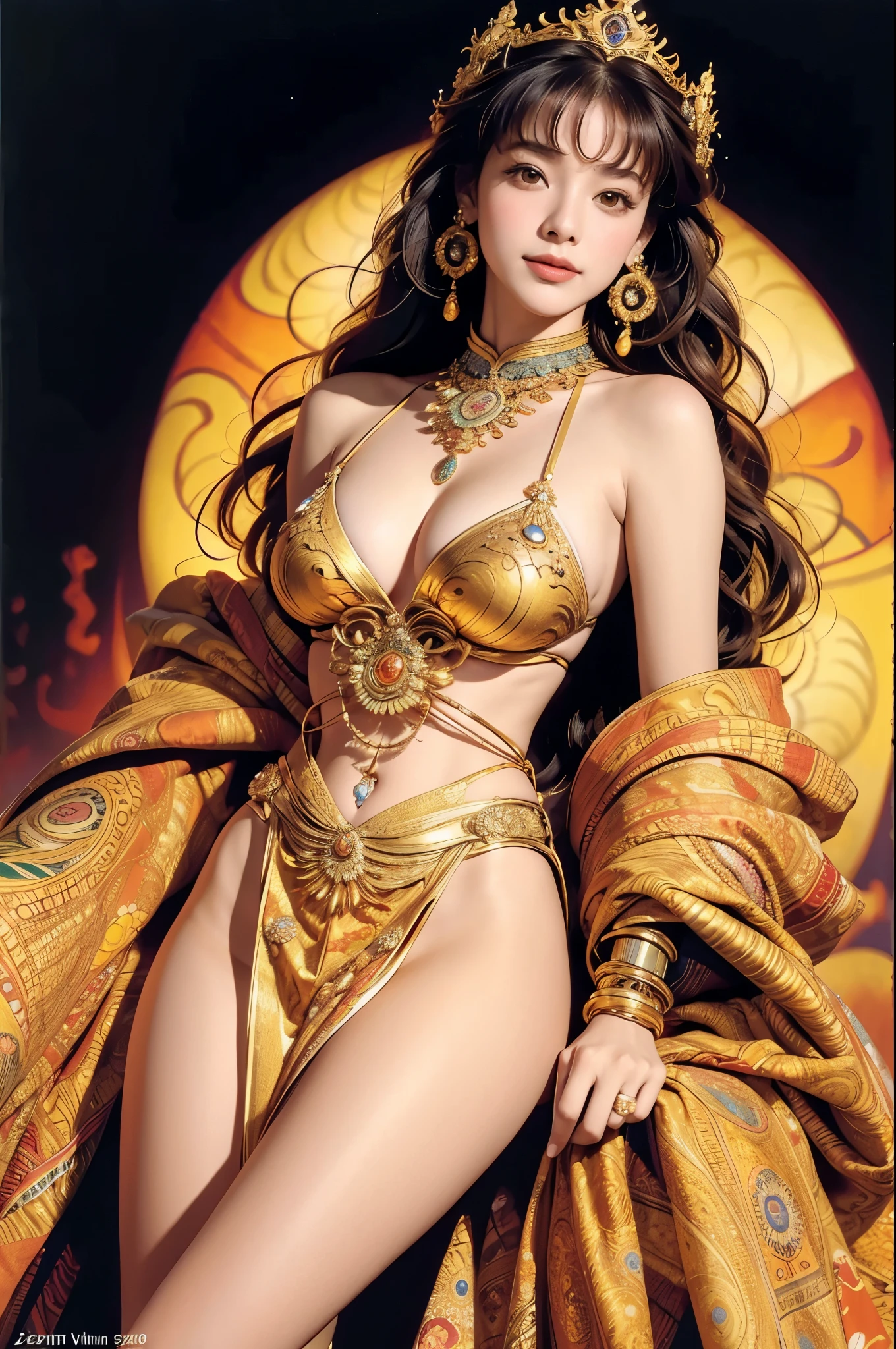 masterpiece Thai princess in gold, sunset fire by Gustavo Klimt, official art, unified 8k wallpaper, Super detailed, fair Beauty, ((small breast)), Thai princess, masterpiece, best quality, (Zentangle, mandala, Tangled, twist), (ecstasy flower: 1.2) Dynamic angle, Thai royal dress, happy smiles, The Most fair Chaotic Forms, grace, brutalist design, bright colors, atmosphere, Golden sunset, sun god, feather, fire, by Gustav Klimt