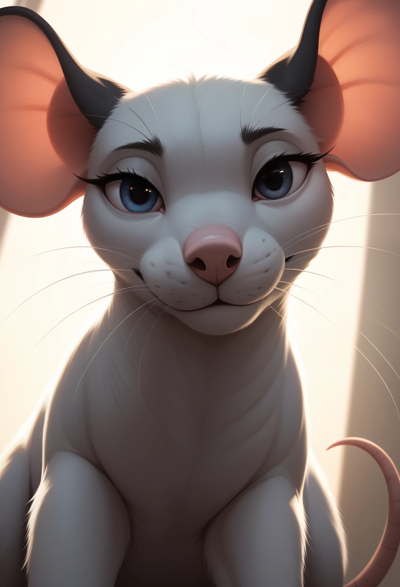 (((Feral, Mouse))), ((looking at viewer)), (low-angle view), ((three-quarter view)), [backlighting], [detailed ambient light], [gray natural lighting], [ambient light on the belly], [realistic proportions], [, adult, ], [sharp focus], (), (shaded), (hi res), ((masterpiece)), half-closed eyes