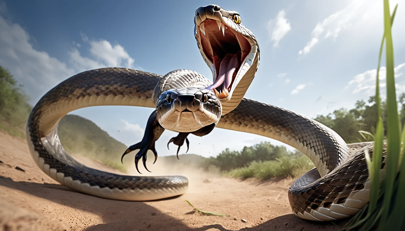 Realistic photos, RAW Photos, snake, attacks viewer, Powerful movements, jump on prey, ((Dynamic jump)), Sharp Claws, snake approaching from above, sudden approach, Bad-tempered, dynamic Shot from grand