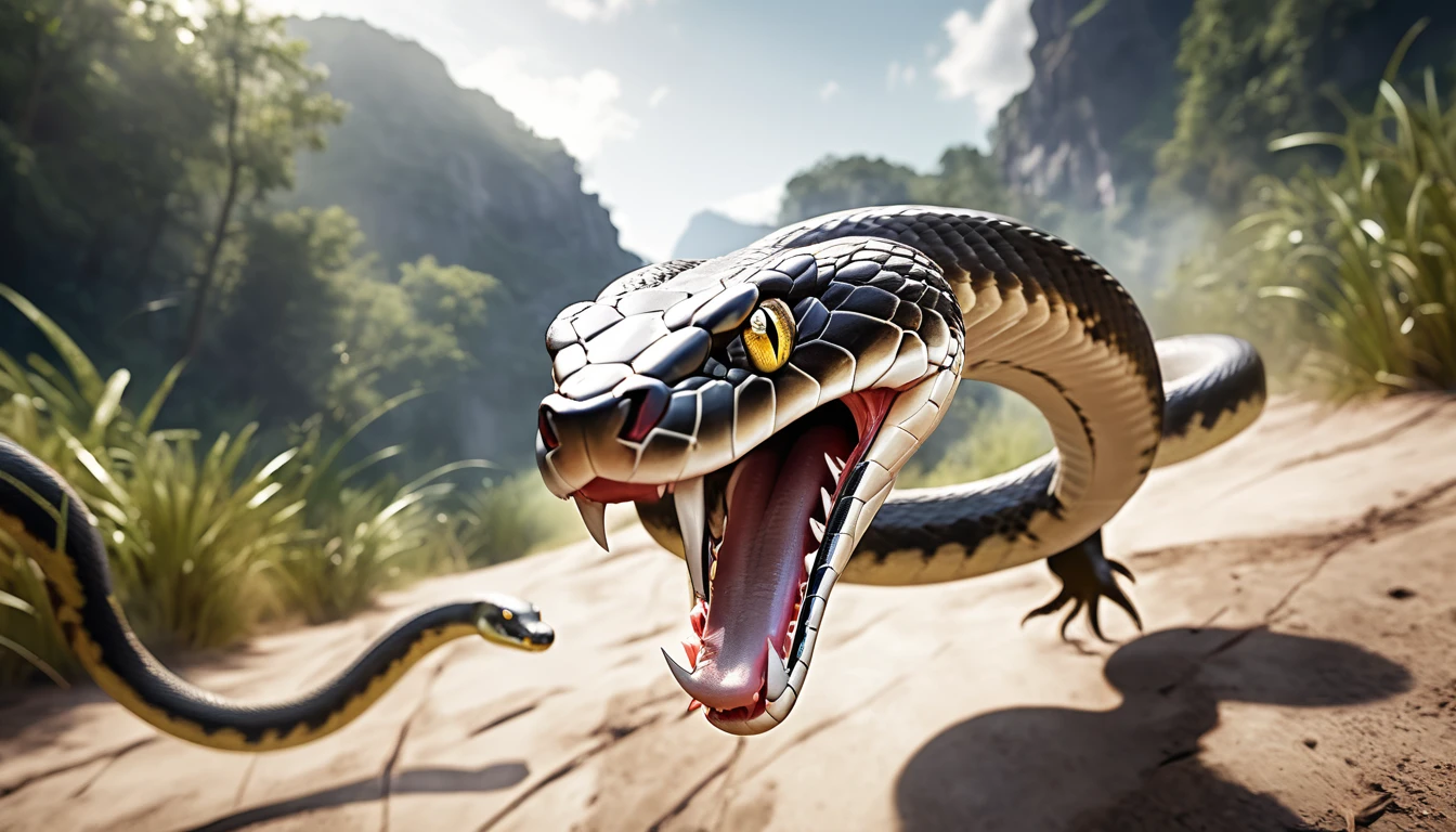 Realistic photos, RAW Photos, snake, attacks viewer, Powerful movements, jump on prey, ((Dynamic jump)), Sharp Claws, snake approaching from above, sudden approach, Bad-tempered, dynamic Shot from grand