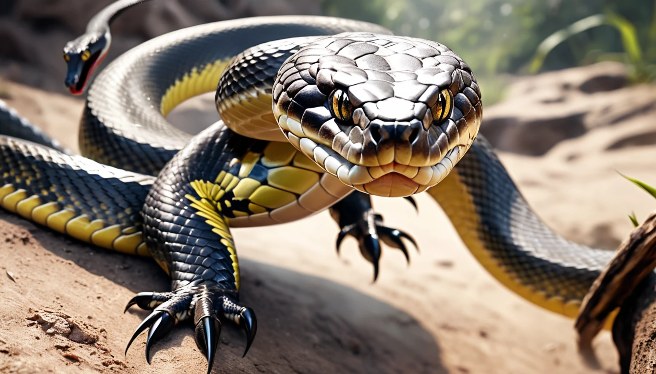 Realistic photos, RAW Photos, snake, attacks viewer, Powerful movements, jump on prey, ((Dynamic jump)), Sharp Claws, snake approaching from above, sudden approach, Bad-tempered, dynamic Shot from grand