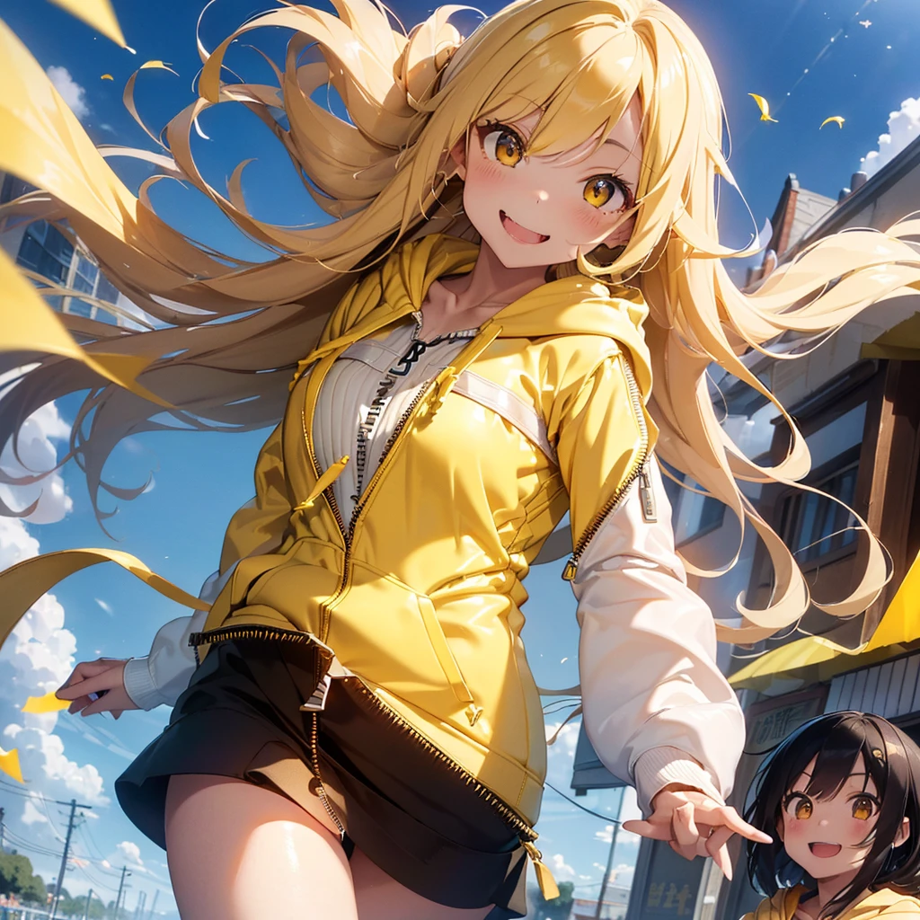(Highest quality, 32k, High resolution, Masterpiece:1.5, ), god々It has a brilliant and healing power., Evoking a sense of calm and elusive beauty, Expressing emotions, Have a rich imagination, Cute Japanese Girls, Perfect Human Anatomy, Magical big eyes, Motherhood and generosity, Deep Love, ((A mischievous smile:1.6)), Shiny Blonde, Super long straight silk hair swaying in the wind, Asymmetrical bangs, Hair between the eyes, Transparent, soft white skin, Sharp eyebrows, Thin lashes, Natural Makeup, Cheek highlighter, Detailed and cute lips, (Yellow zip-up front hoodie:1.5), Slim figure with ample breasts, Beautifully detailed skies, ((Vibrant petal effect:1.2)), god秘的
