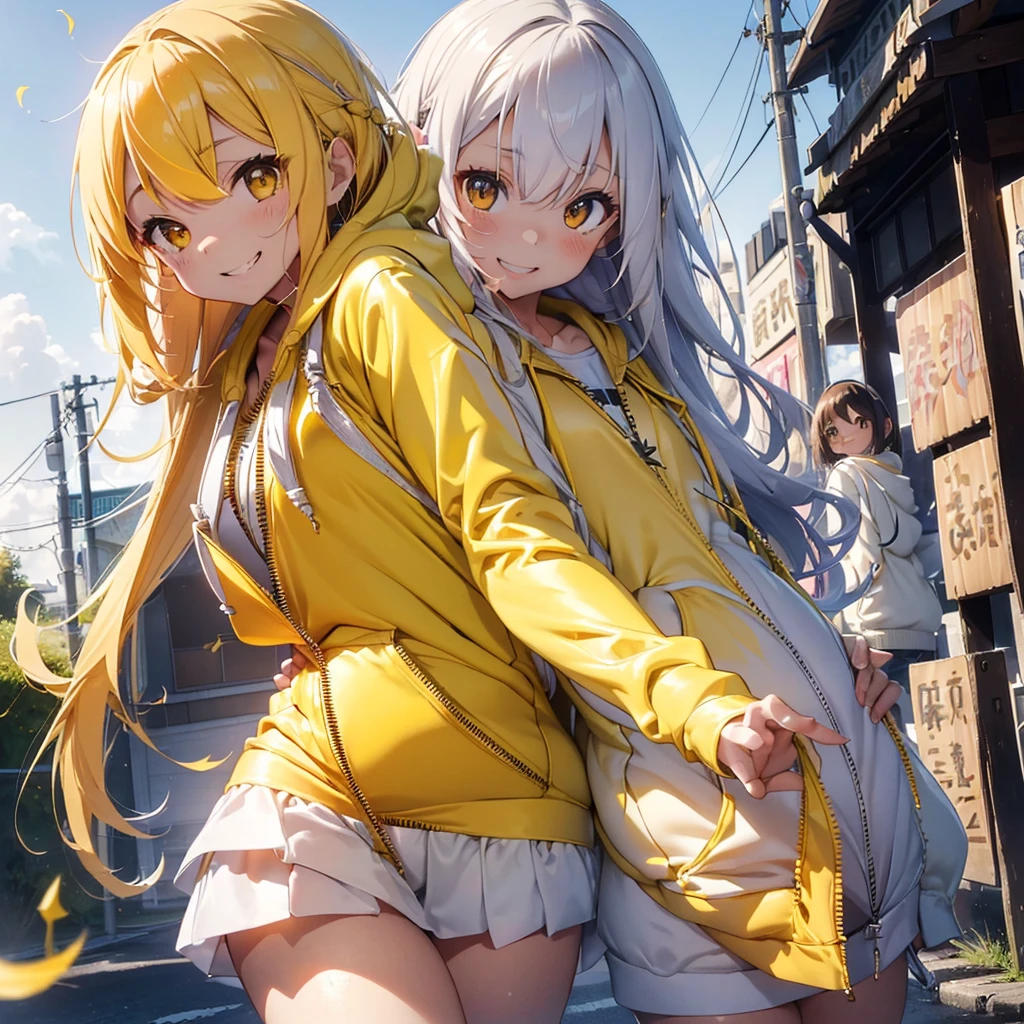 (Highest quality, 32k, High resolution, Masterpiece:1.5, ), god々It has a brilliant and healing power., Evoking a sense of calm and elusive beauty, Expressing emotions, Have a rich imagination, Cute Japanese Girls, Perfect Human Anatomy, Magical big eyes, Motherhood and generosity, Deep Love, ((A mischievous smile:1.6)), Shiny Blonde, Super long straight silk hair swaying in the wind, Asymmetrical bangs, Hair between the eyes, Transparent, soft white skin, Sharp eyebrows, Thin lashes, Natural Makeup, Cheek highlighter, Detailed and cute lips, (Yellow zip-up front hoodie:1.5), Slim figure with ample breasts, Beautifully detailed skies, ((Vibrant petal effect:1.2)), god秘的