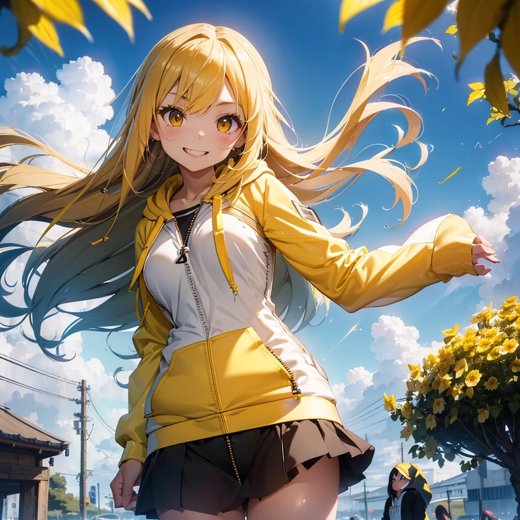 (Highest quality, 32k, High resolution, Masterpiece:1.5, ), god々It has a brilliant and healing power., Evoking a sense of calm and elusive beauty, Expressing emotions, Have a rich imagination, Cute Japanese Girls, Perfect Human Anatomy, Magical big eyes, Motherhood and generosity, Deep Love, ((A mischievous smile:1.6)), Shiny Blonde, Super long straight silk hair swaying in the wind, Asymmetrical bangs, Hair between the eyes, Transparent, soft white skin, Sharp eyebrows, Thin lashes, Natural Makeup, Cheek highlighter, Detailed and cute lips, (Yellow zip-up front hoodie:1.5), Slim figure with ample breasts, Beautifully detailed skies, ((Vibrant petal effect:1.2)), god秘的