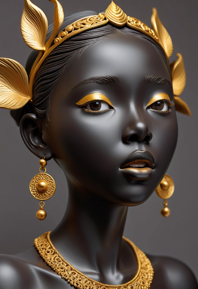 A young girl,Black clay sculpture,Intricate golden decoration,Delicate facial features,((Surprised expression)), Exquisite craftsmanship,High-quality 3D rendering,Composition,Realistic photos