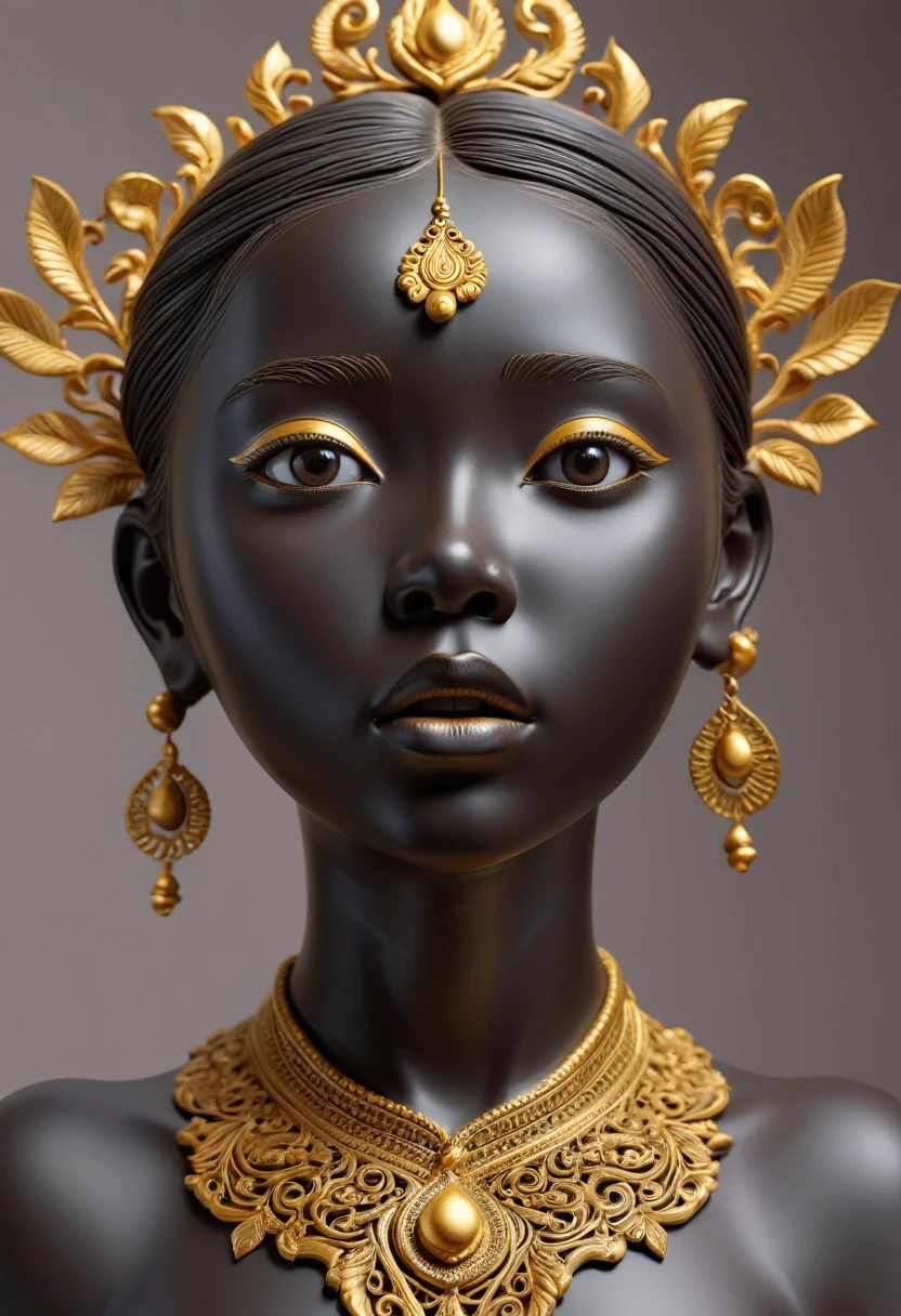 A young girl，Black clay sculpture，Intricate golden decoration，Delicate facial features，((Surprised expression)), Exquisite craftsmanship，High-quality 3D rendering，Composition，Realistic photos