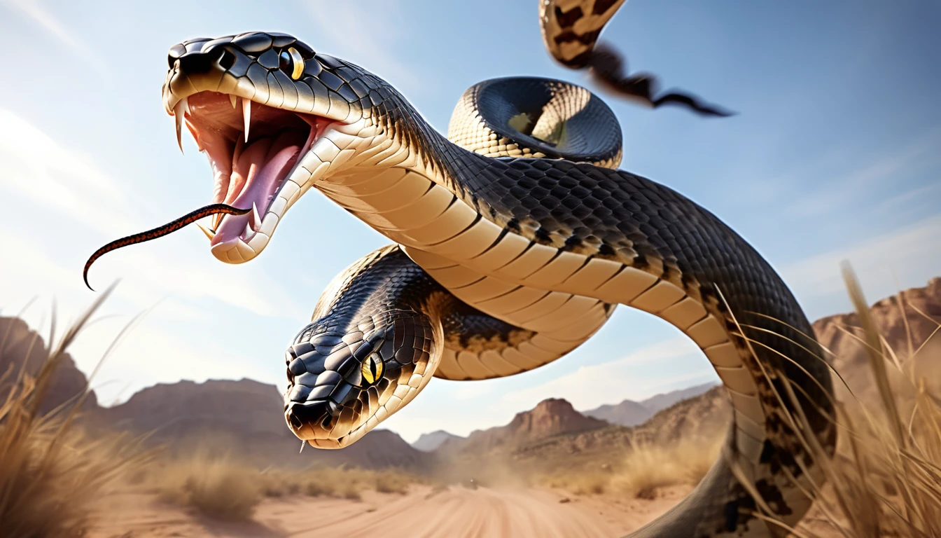 Realistic photos, RAW Photos, snake, attacks viewer, Powerful movements, jump on prey, ((Dynamic jump)), Sharp Claws, snake approaching from above, sudden approach, Bad-tempered, dynamic Shot from grand