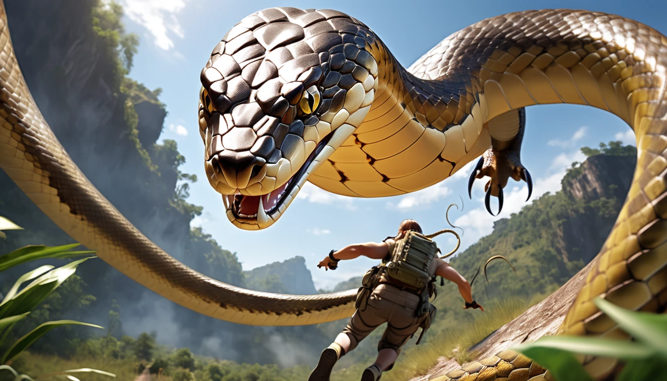 Realistic photos, RAW Photos, snake, attacks viewer, Powerful movements, jump on prey, ((Dynamic jump)), Sharp Claws, snake approaching from above, sudden approach, Bad-tempered, dynamic Shot from grand