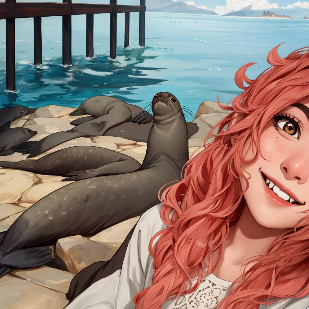 A girl takes a selfie with fur seals in the background, rizhaya girl smiles