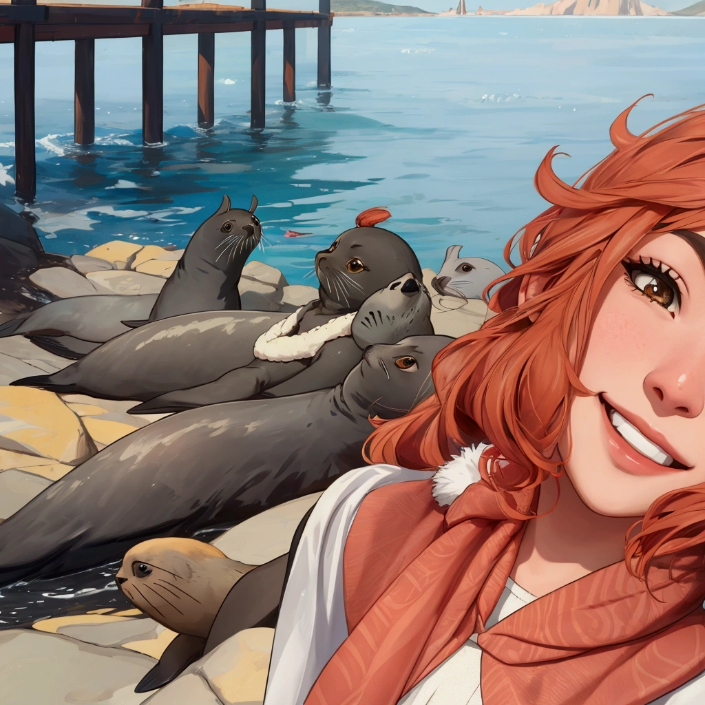 A girl takes a selfie with fur seals in the background, rizhaya girl smiles